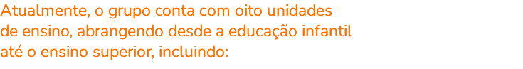 Atualmente, o grupo conta com oito unidades de ensino, abrangendo desde a educação infantil até o ensino superior, incluindo: